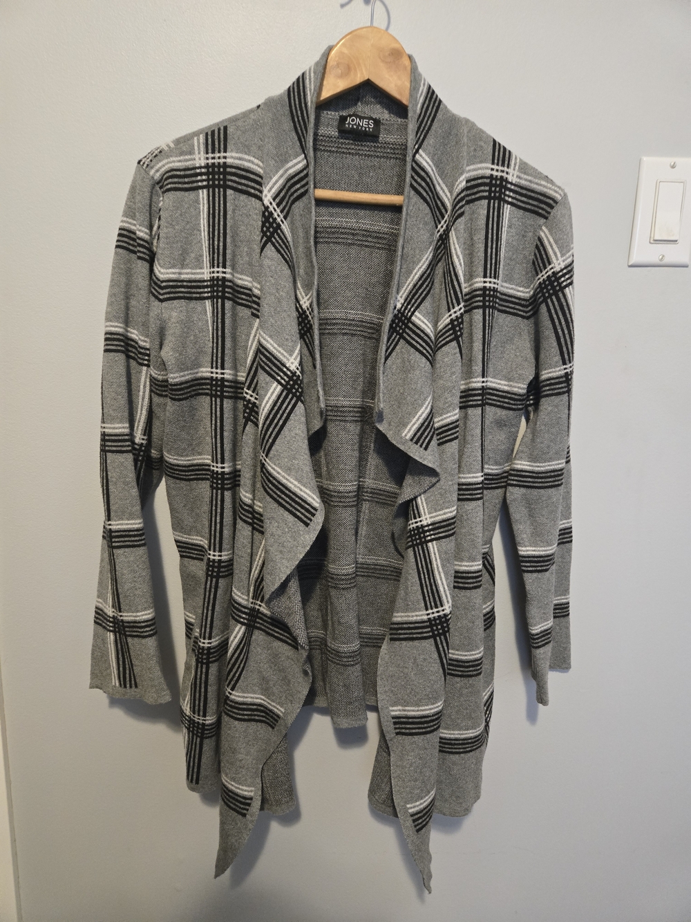 Jones New York Gray Plaid Open-Front Women's Cardigan Sweater